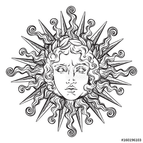 500x500 Hand Drawn Antique Style Sun With Face Of The Greek And Roman God - Sun Drawing With Face