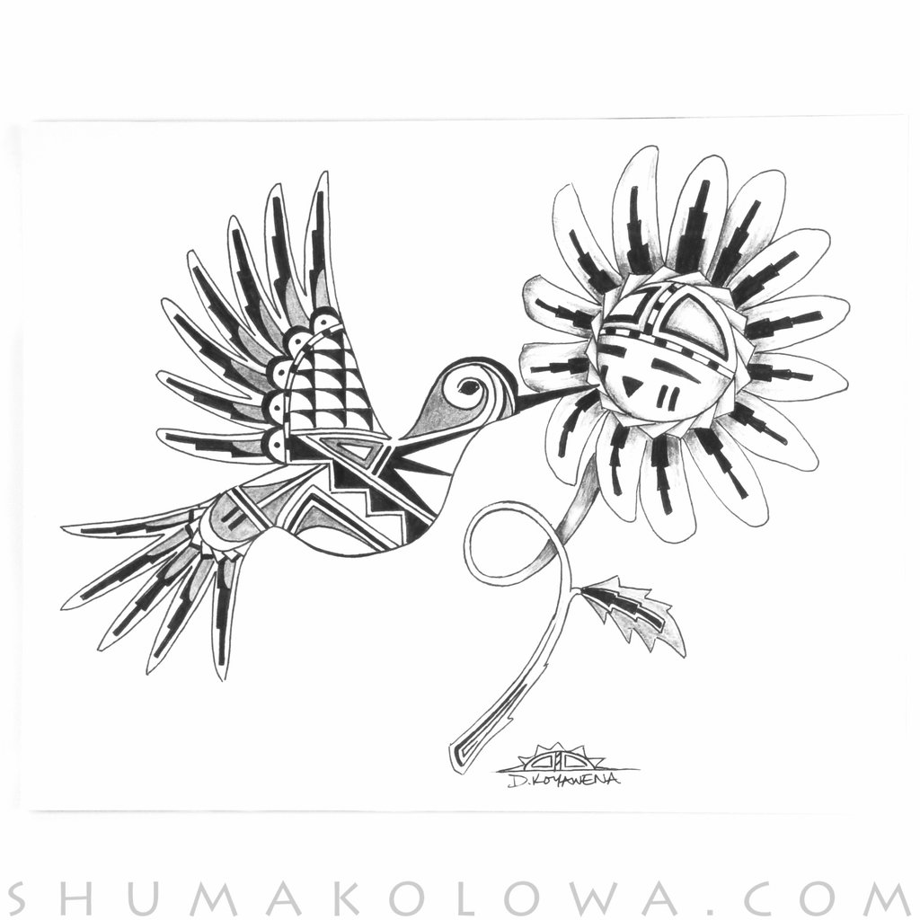 1024x1024 Duane Koyawena Sunface And Hummingbird Print Shumakolowa - Sun Face Drawing