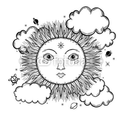 400x400 Sketch Graphic Illustration Beautiful Sun Face With Mystic - Sun Face Drawing