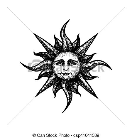 450x470 Vector Hand Drawn Sun Illustration Vector Black Work Tattoo Dot - Sun Face Drawing