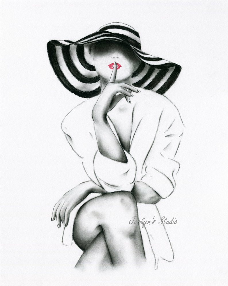 794x993 Charcoal Fashion Drawing Print Giclee Etsy - Sun Hat Drawing