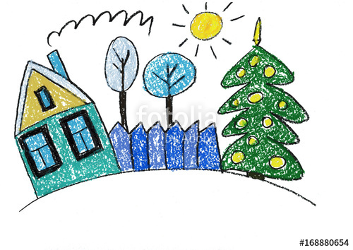 500x354 Christmas House Christmas Tree Landscape With Family House, Fence - Sun Kids Drawing
