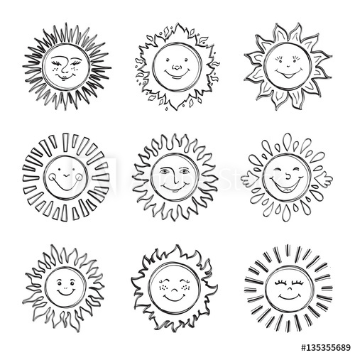 500x500 sketch sun kids drawing, hand drawn sunshine icons funny doodle - Sun Kids Drawing