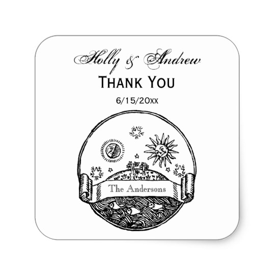 540x540 Vintage Sun Moon Stars Ocean Planet Earth Drawing Square Sticker - Sun Moon And Stars Drawing