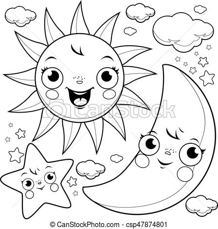 448x470 Sun Clip Art Black And White Sun Moon And Stars Coloring - Sun Moon And Stars Drawing