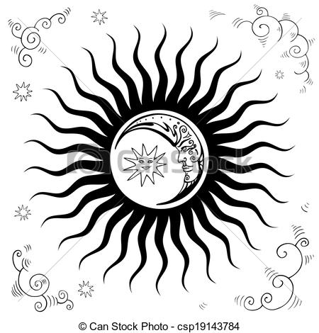 450x470 Vintage Sky, Sun, Moon, Clouds, Stars Sky, Sun, Moon, Clouds - Sun Moon Stars Drawing