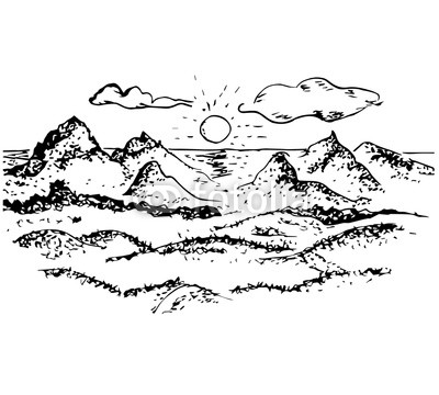 400x360 Sunset, Mountains, Sun, Clouds, Vector Outline Graphically Drawing - Sun Outline Drawing