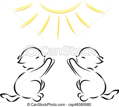 450x405 vector black outline drawing of two kittens in the sun on white - Sun Outline Drawing