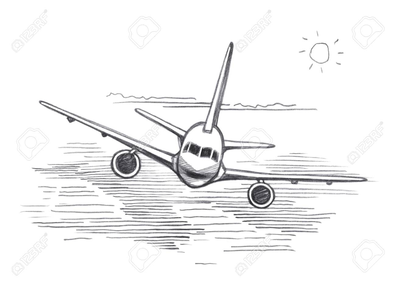 1300x963 Pencil Drawings Of Airplanes And Airplane Flying Clouds - Sun Pencil Drawing