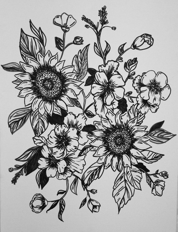 570x741 Sunflower Line Drawing Etsy - Sunflower Line Drawing