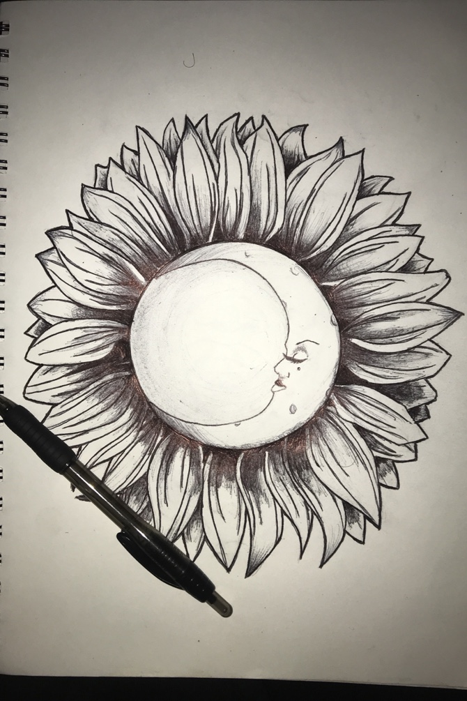 670x1005 Devonsandiford Sunflower Moon Tattoo - Sunflower Tattoo Drawing