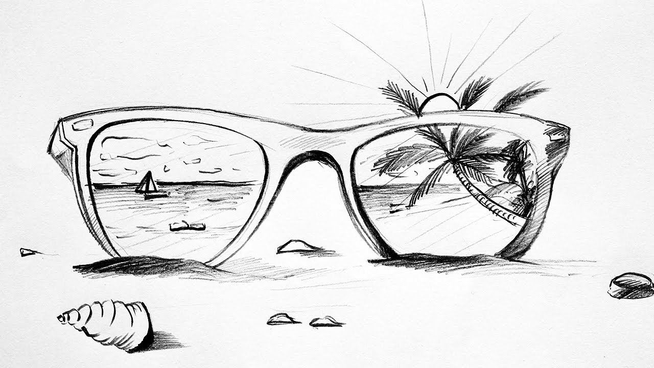 1280x720 How To Draw A Beach Sunglass Scenery Sketch Beach Drawing - Sunglasses Drawing