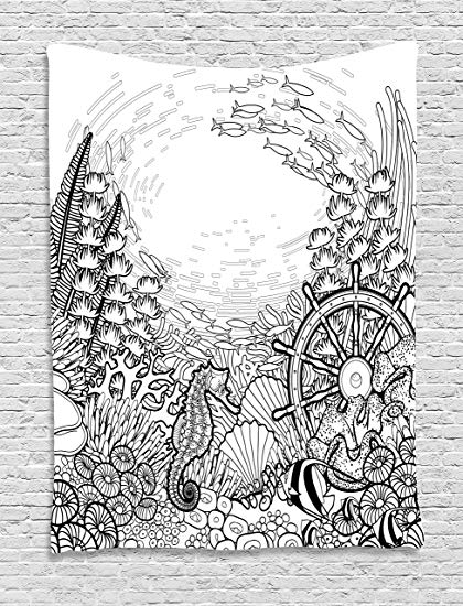 420x550 ambesonne aquarium tapestry, graphic coral reef - Sunken Ship Drawing