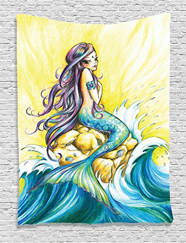 382x500 ambesonne mermaid decor, mermaid sitting on rock sunny - Sunny Day Drawing