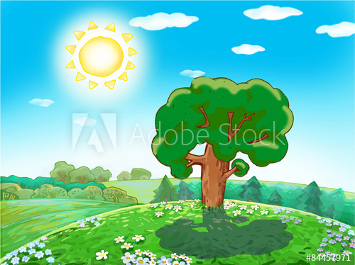 500x374 children vector drawing green tree on a sunny day in the woods - Sunny Day Drawing