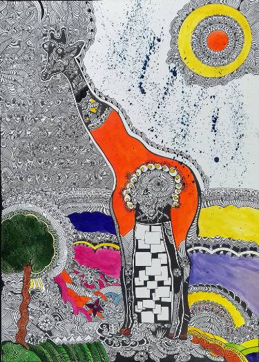 375x524 colourful drawing of giraffe on a sunny day drawing - Sunny Day Drawing