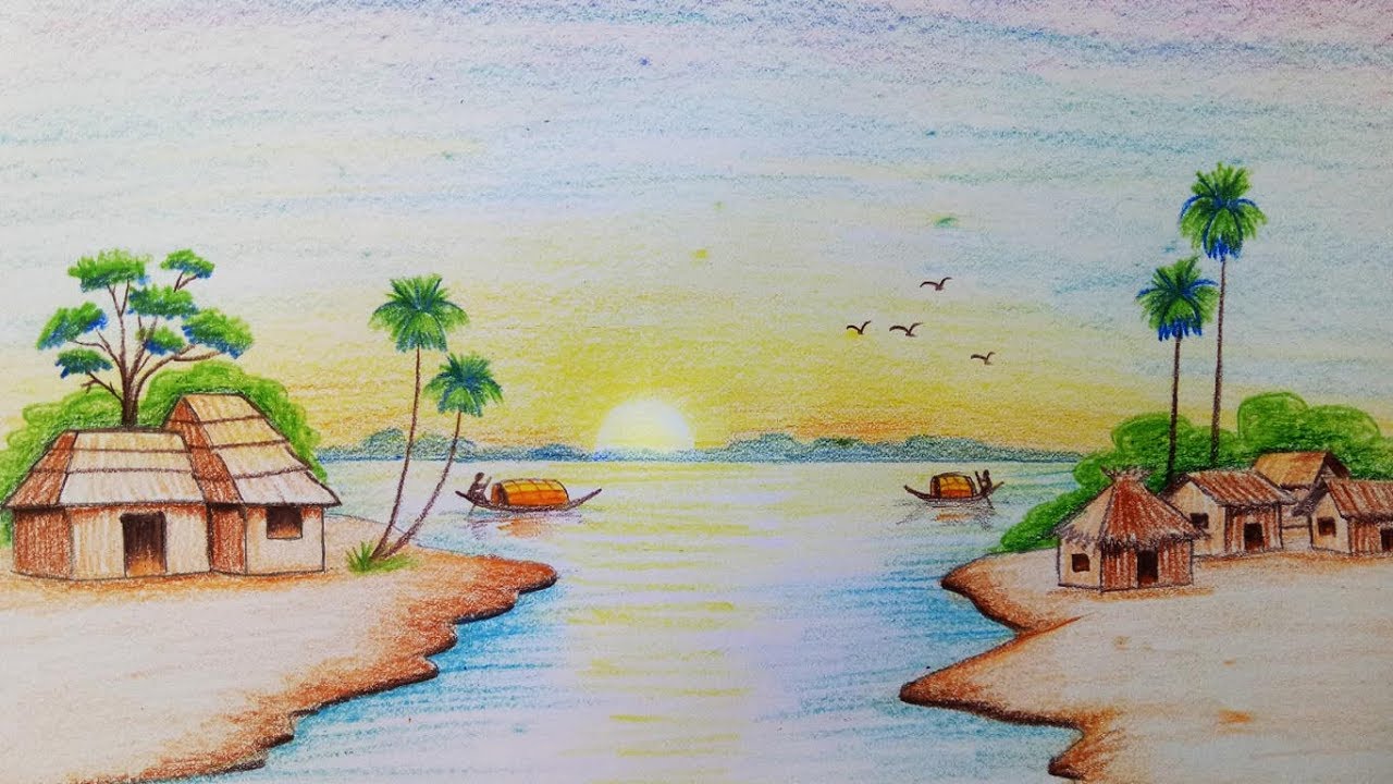 1280x720 How To Draw Scenery Of Sunrise Landscape Step - Sunrise Drawing