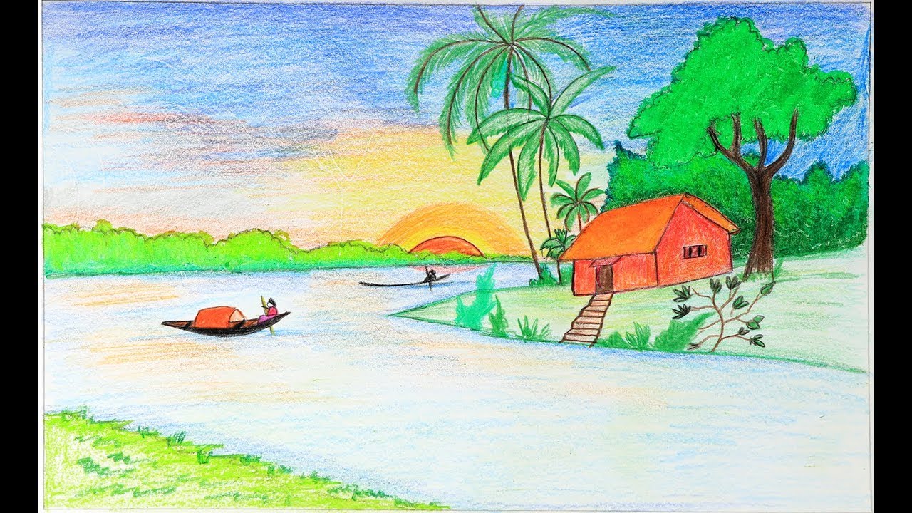 1280x720 How To Draw A Scenery Of Sunrise Step - Sunrise Drawing Images