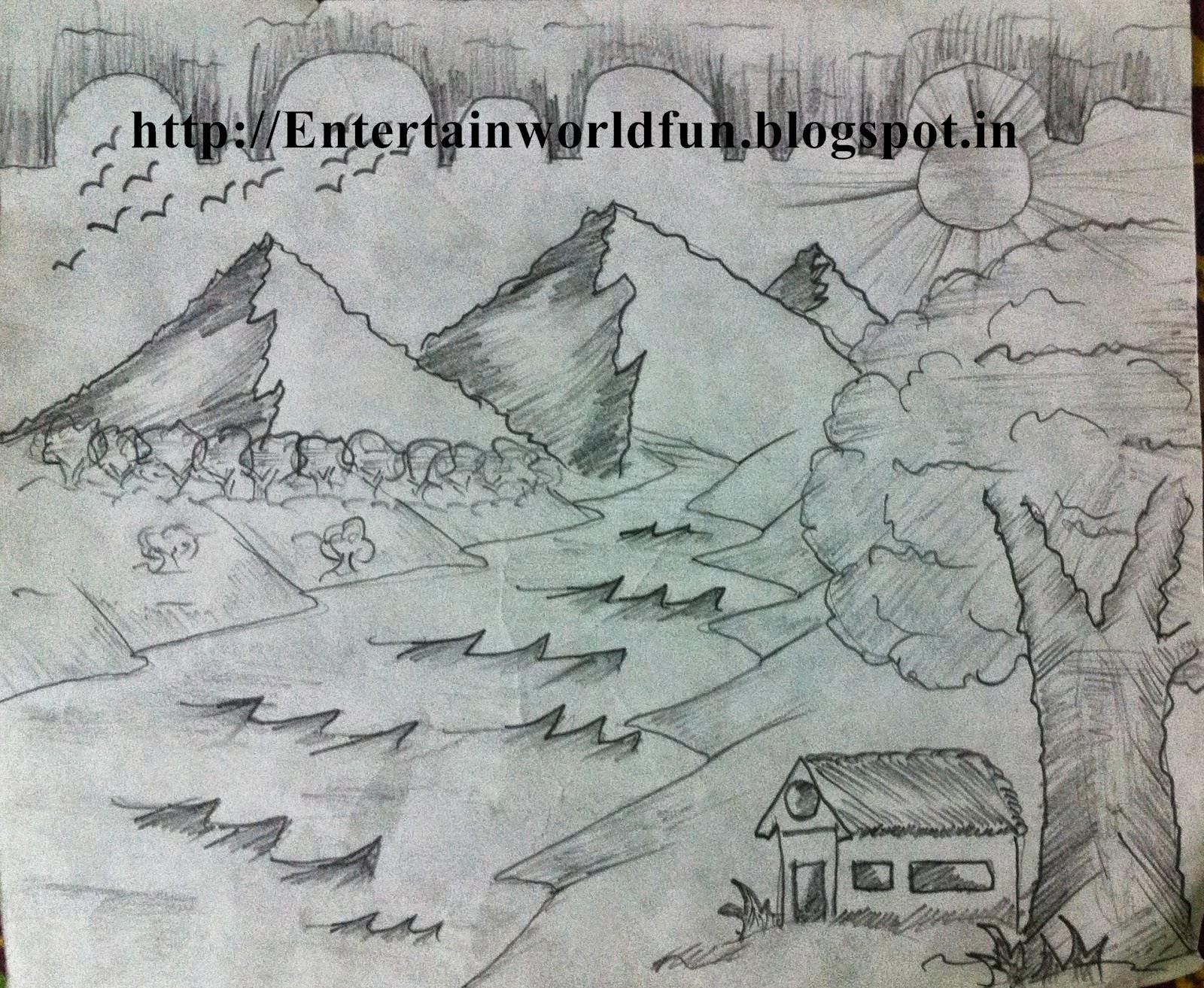 1600x1313 scenery drawing pictures drawn scenery sunrise pencil - Sunrise Pencil Drawing