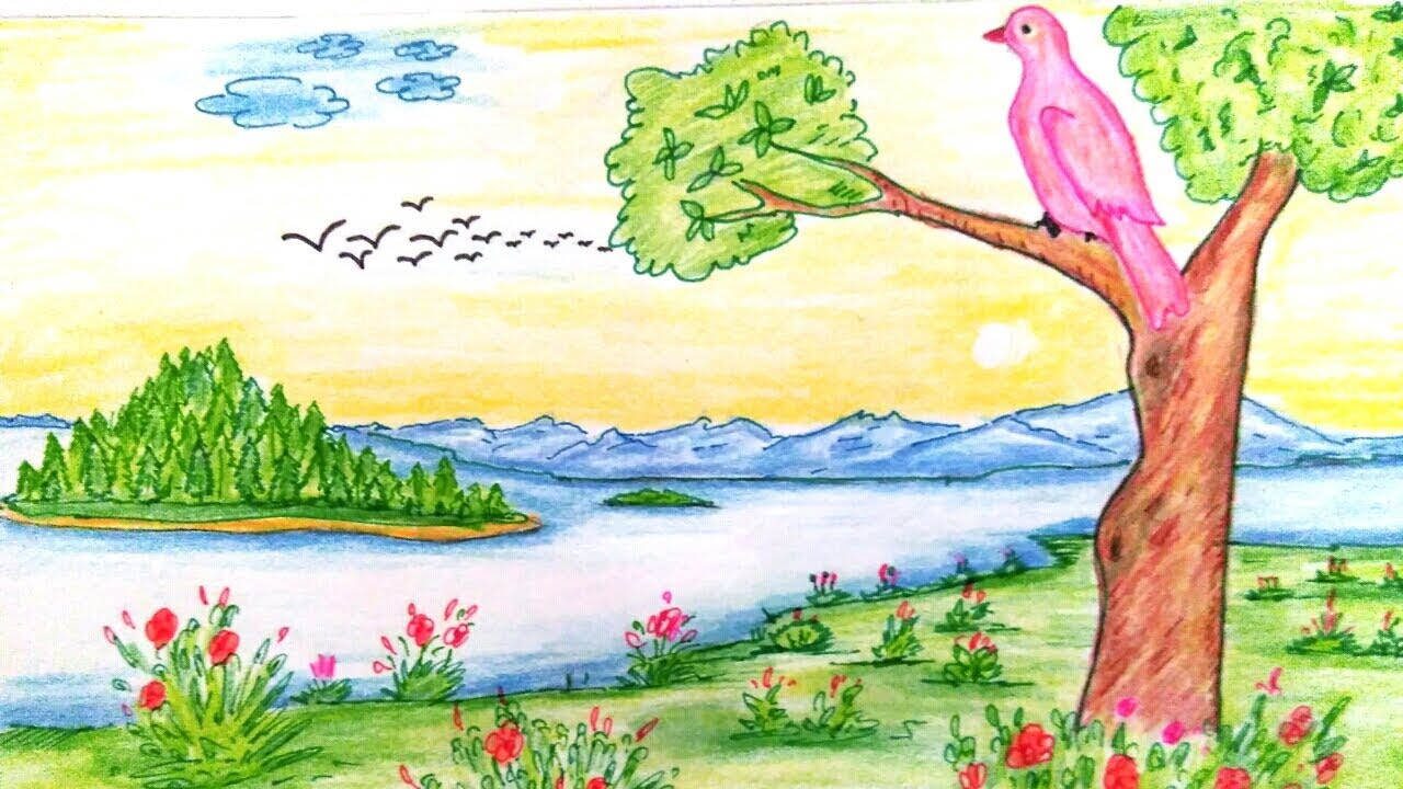 1280x720 drawing of natural scenery sunrise - Sunrise Pictures Drawing