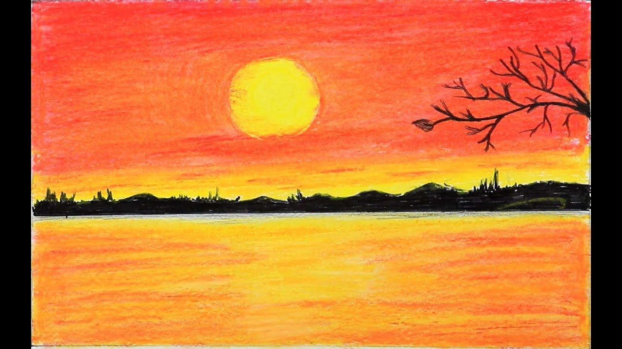 1280x720 How To Draw Scenery Of Red Sunset With Oil Pastels Step - Sunset Drawing