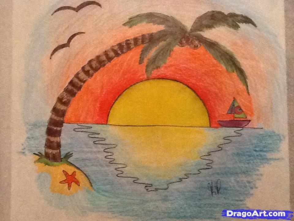 960x720 How To Draw An Easy Sunset, Step - Sunset Drawing Images