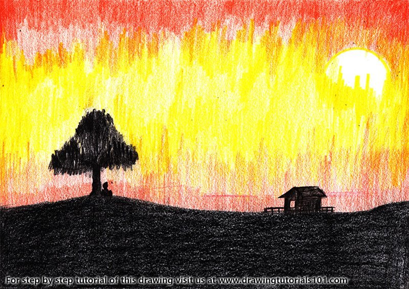 800x566 Learn How To Draw Sunset Scene - Sunset Drawing Images