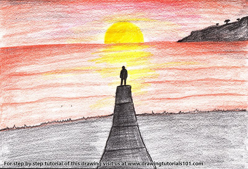 800x544 Learn How To Draw Sunset Scenery - Sunset Drawing Images