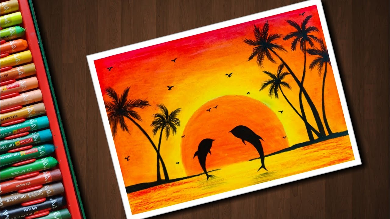 1280x720 Dolphin Sunset Scenery Drawing With Oil Pastels For Beginners - Sunset Drawing Images