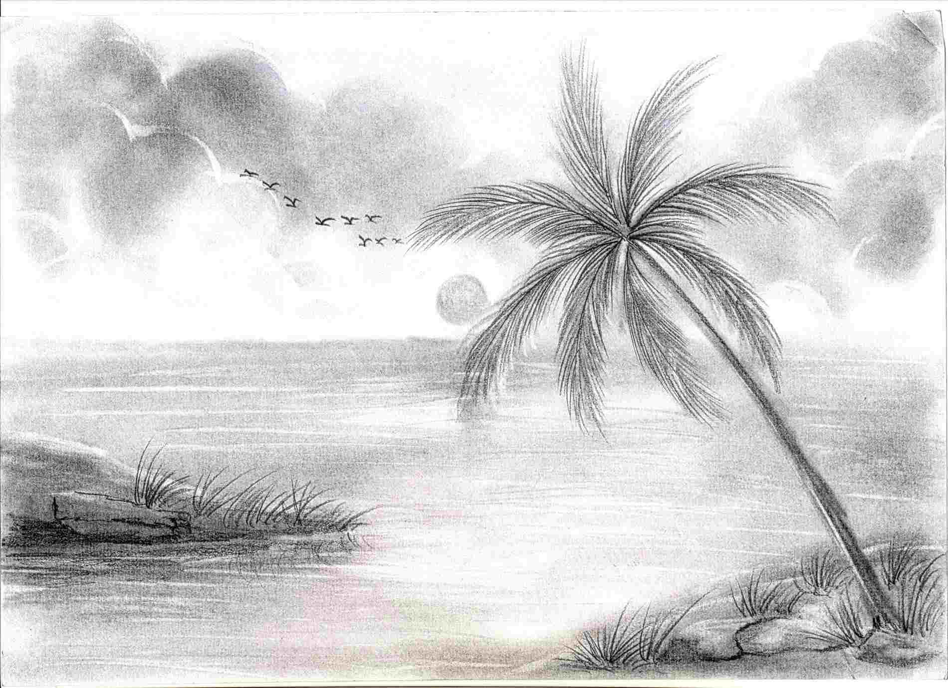 Pencil Beach Pencil Scenery Drawing Easy artvalley