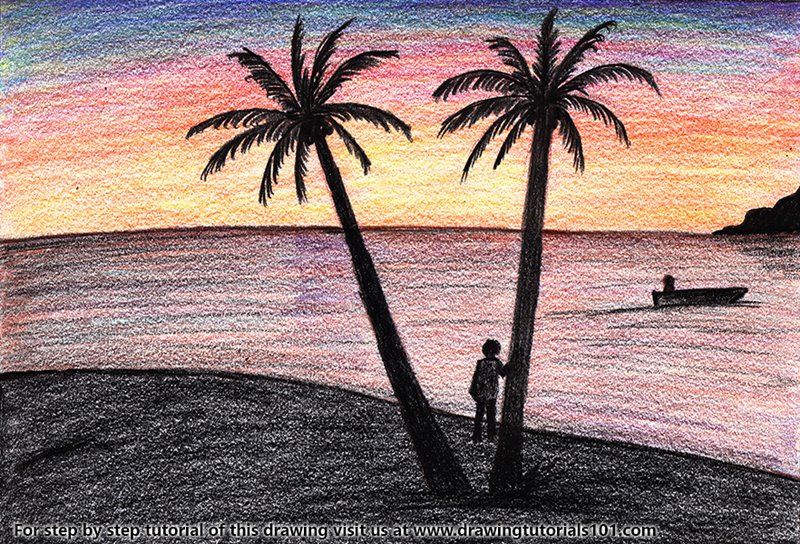 Sunset On Beach Colored Pencils - Sunset Drawings In Pencil. 