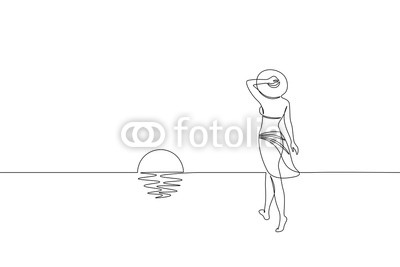 400x267 Continuous One Single Line Art Girl Walking On Sand Beach Concept - Sunset Line Drawing