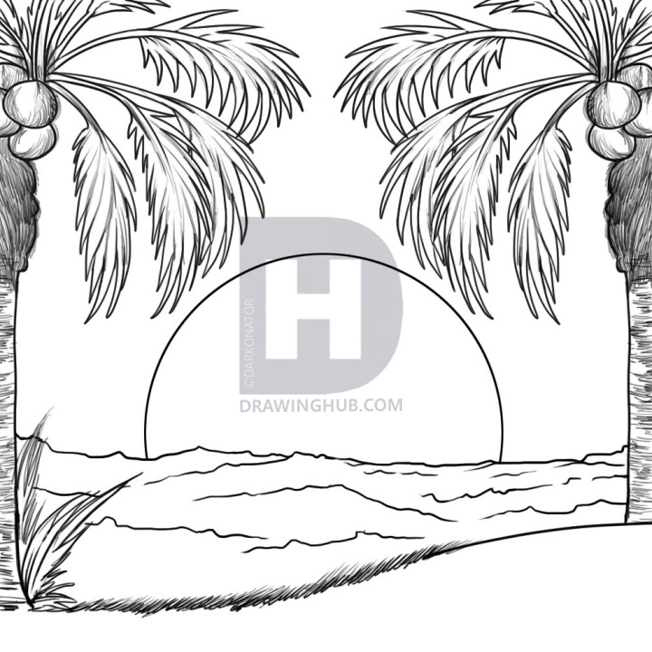720x720 How To Draw A Sunset, Step - Sunset Line Drawing