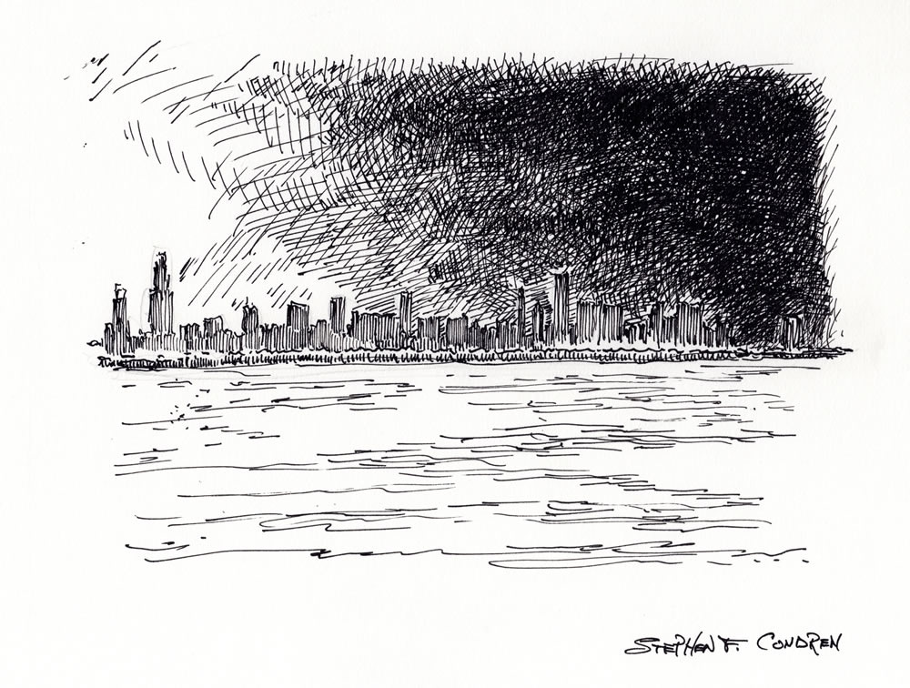1000x756 Chicago Skyline - Sunset Line Drawing