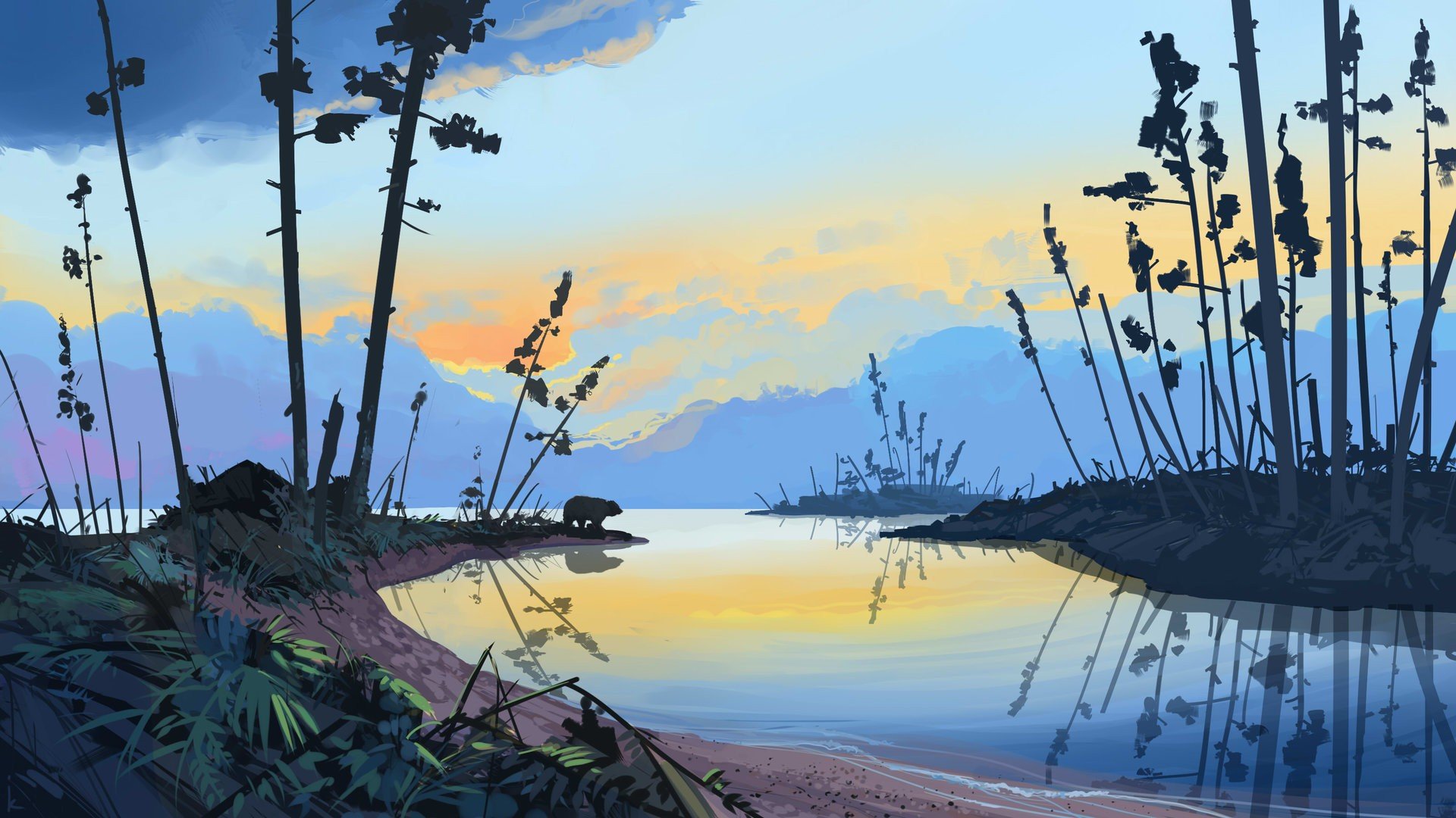 1920x1080 Illustration, Artwork, Sunset, Forest, Landscape, Water, Drawing - Sunset Over Water Drawing