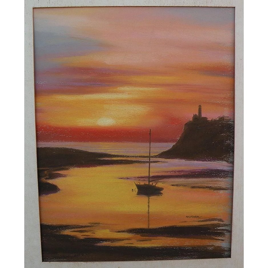939x939 Pastel Drawing Boat And Lighthouse - Sunset Pastel Drawing