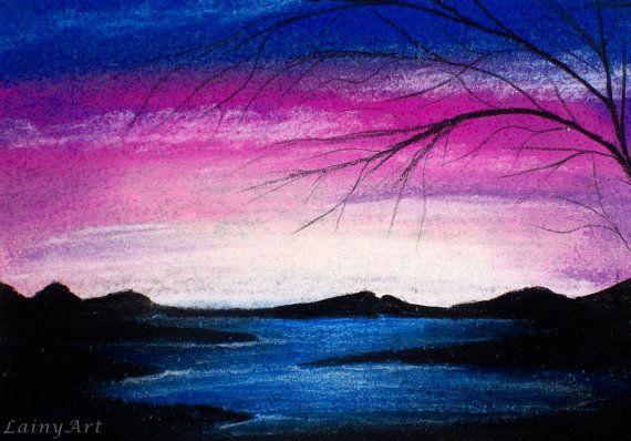 570x398 blue sunset aceo soft pastel drawing all proceeds - Sunset Pastel Drawing
