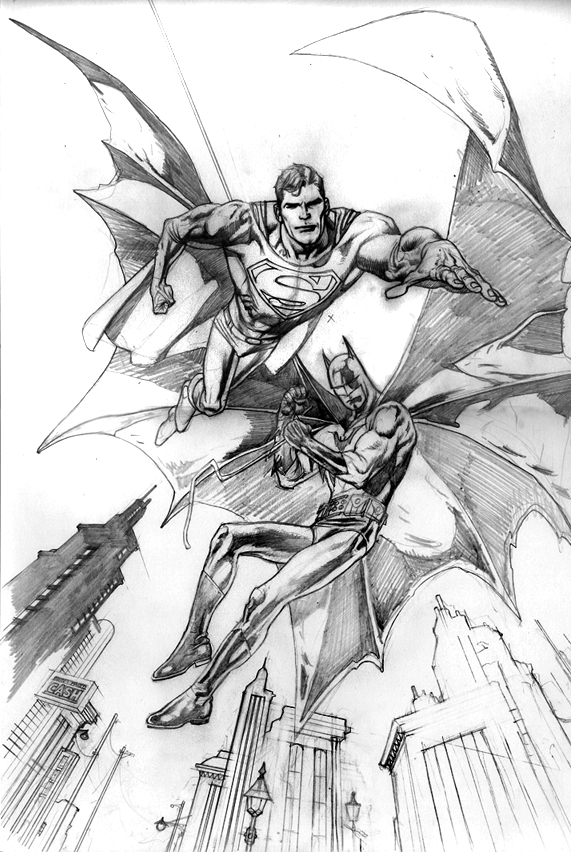 571x852 Kevin Nowlan Old Superman And Batman Commission - Superman Drawing In Pencil