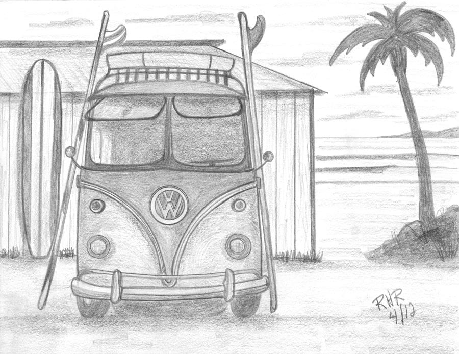 900x694 vw surfing bus drawing - Surfboard Drawing