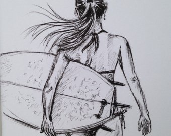 340x270 original hand painted illustrated copper surf girl - Surfer Girl Drawing