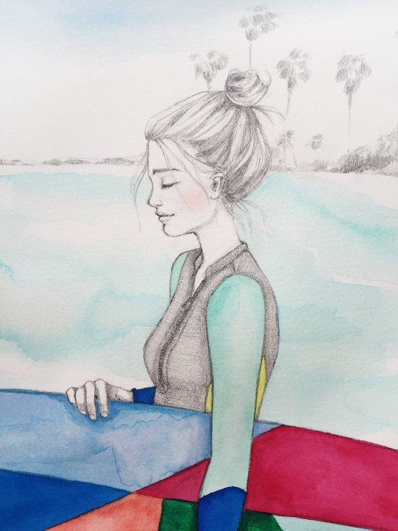 570x760 original watercolor painting of a surfer girl fashion - Surfer Girl Drawing