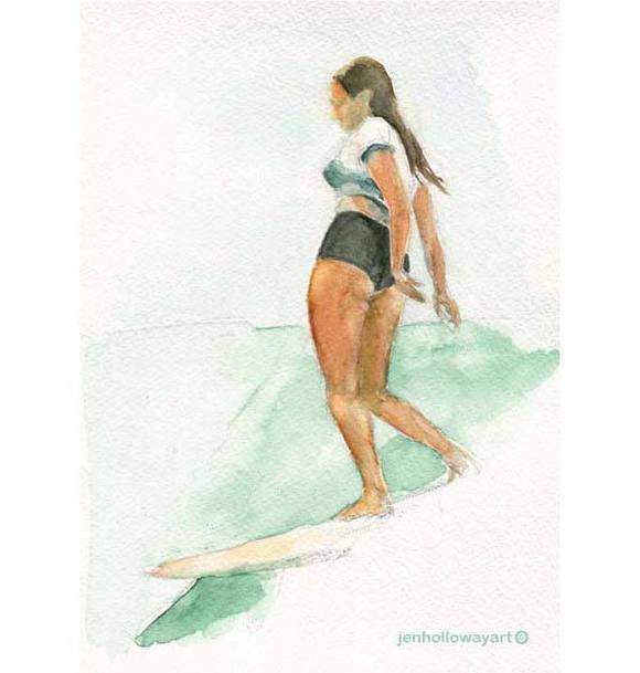 580x609 watercolor surfer, surfer girl print, surf girl print, surfer girl - Surfer Girl Drawing