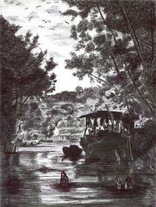 227x300 original art drawing fishing boat village swamp river landscape - Swamp Drawing