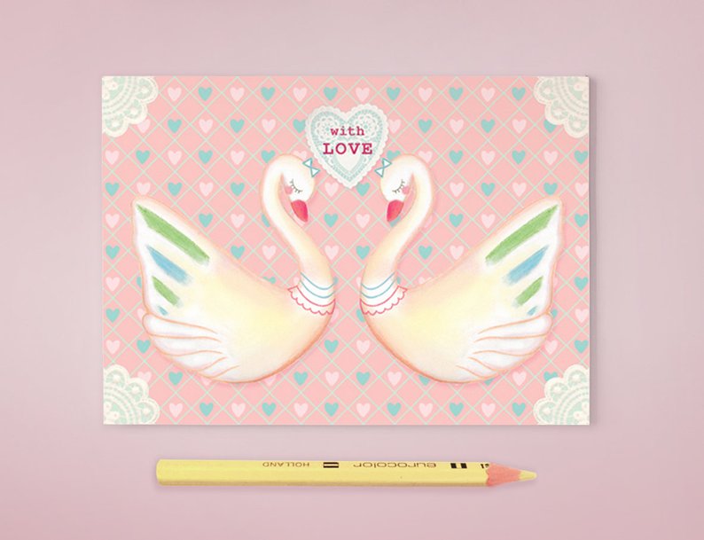 794x609 Postcard Swans Illustration Swan With Love Swan Heart Etsy - Swan Heart Drawing