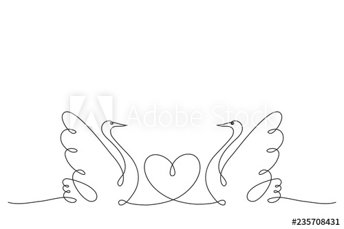 500x334 Swans Couple Of Love Birds And A Heart Continuous Line Drawing - Swan Heart Drawing