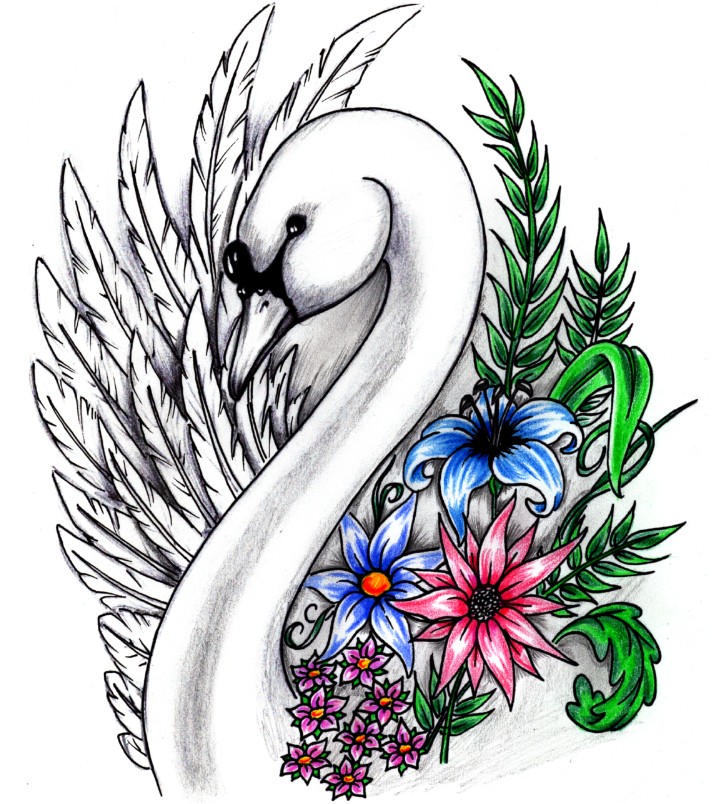 715x804 Swan With Colorful Flowers Tattoo Design - Swan Tattoo Drawing