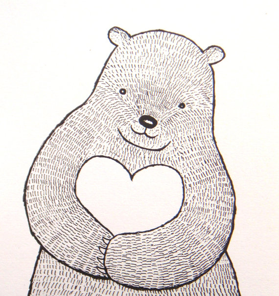 570x606 Bear With Heart Ink Drawing Print Bear Illustration Black White - Sweet Drawings