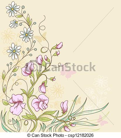 414x470 sweet pea vector floral background with sweet pea and butterflies - Sweet Pea Flower Drawing
