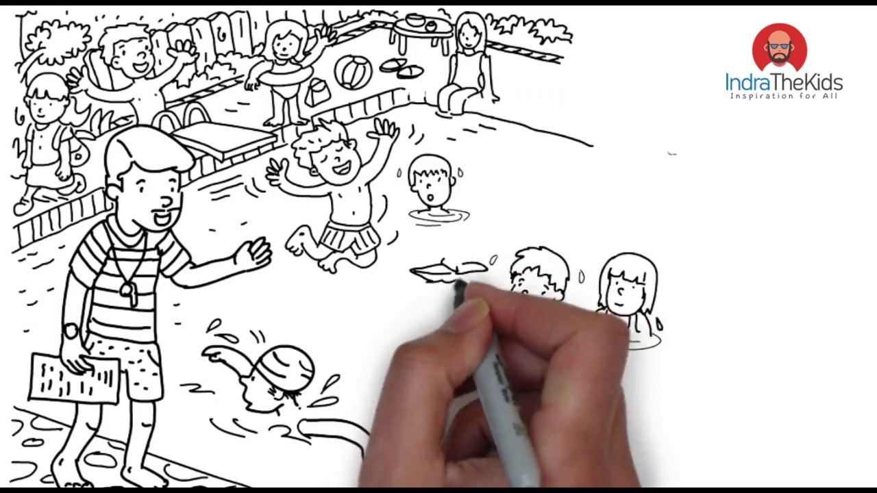 1280x720 how to drawing swimming pool crowd kids - Swimming Drawing