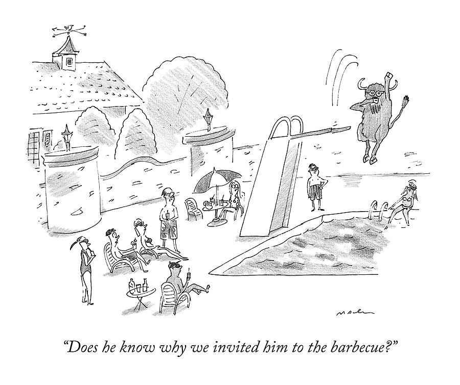 900x755 a bison dives off a board into a swimming pool drawing - Swimming Drawing